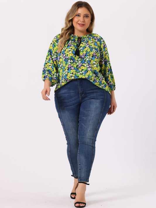 Women's Casual Plus Size Boho Floral Loose Tops Tie 3/4 Sleeve Beach Tunic Blouse