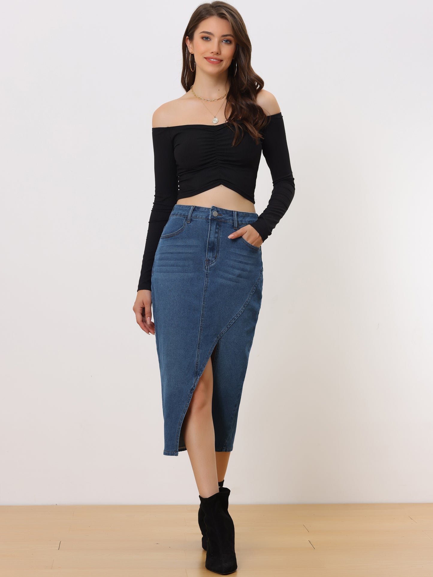 Falda vaquera informal de cintura alta con abertura frontal para mujer