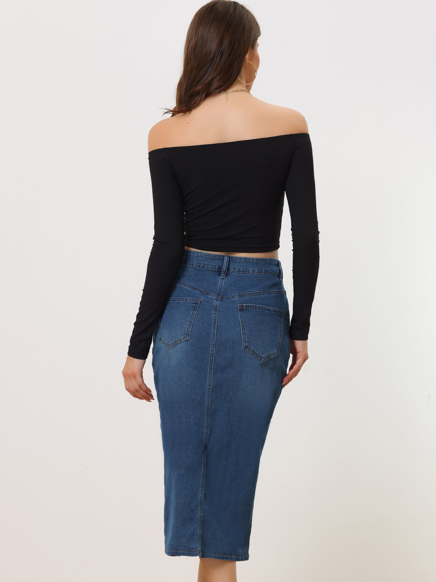 Falda vaquera informal de cintura alta con abertura frontal para mujer