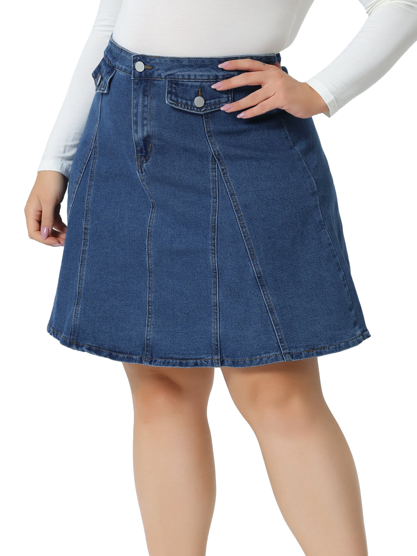 Women Plus Size Denim Skirt Casual A-line Jean Buttons Decor Faux Pockets Mini Skirt