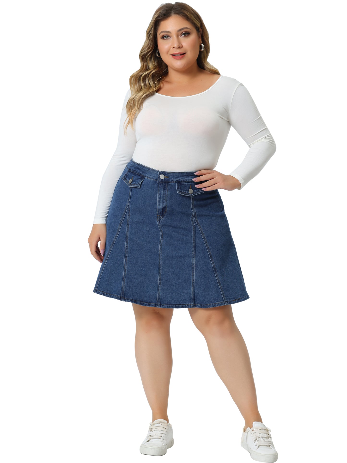 Women Plus Size Denim Skirt Casual A-line Jean Buttons Decor Faux Pockets Mini Skirt