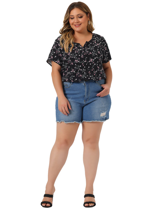 Women's Plus Size Summer Top Floral Half Placket Short Sleeve Blouse