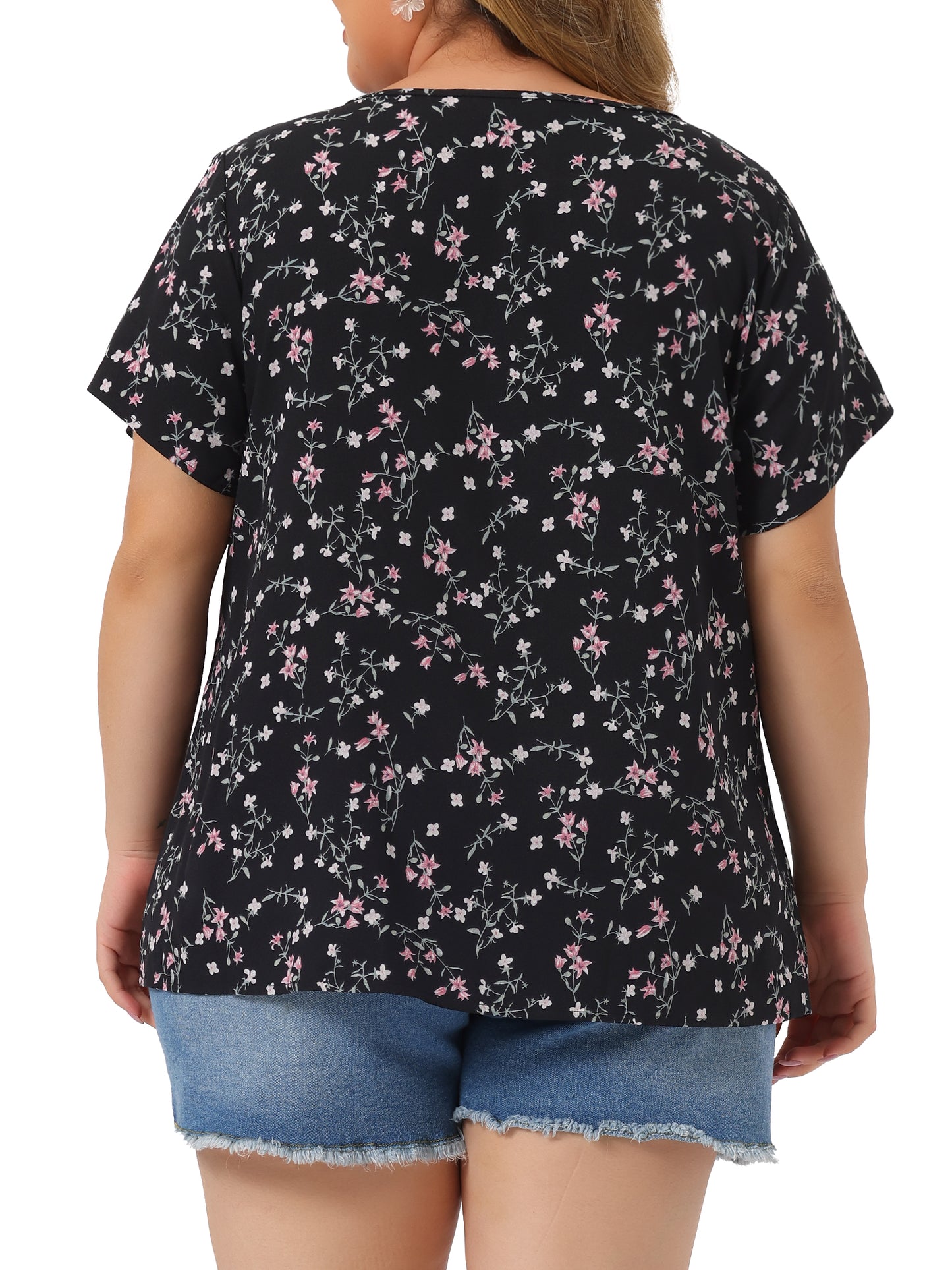 Women's Plus Size Summer Top Floral Half Placket Short Sleeve Blouse