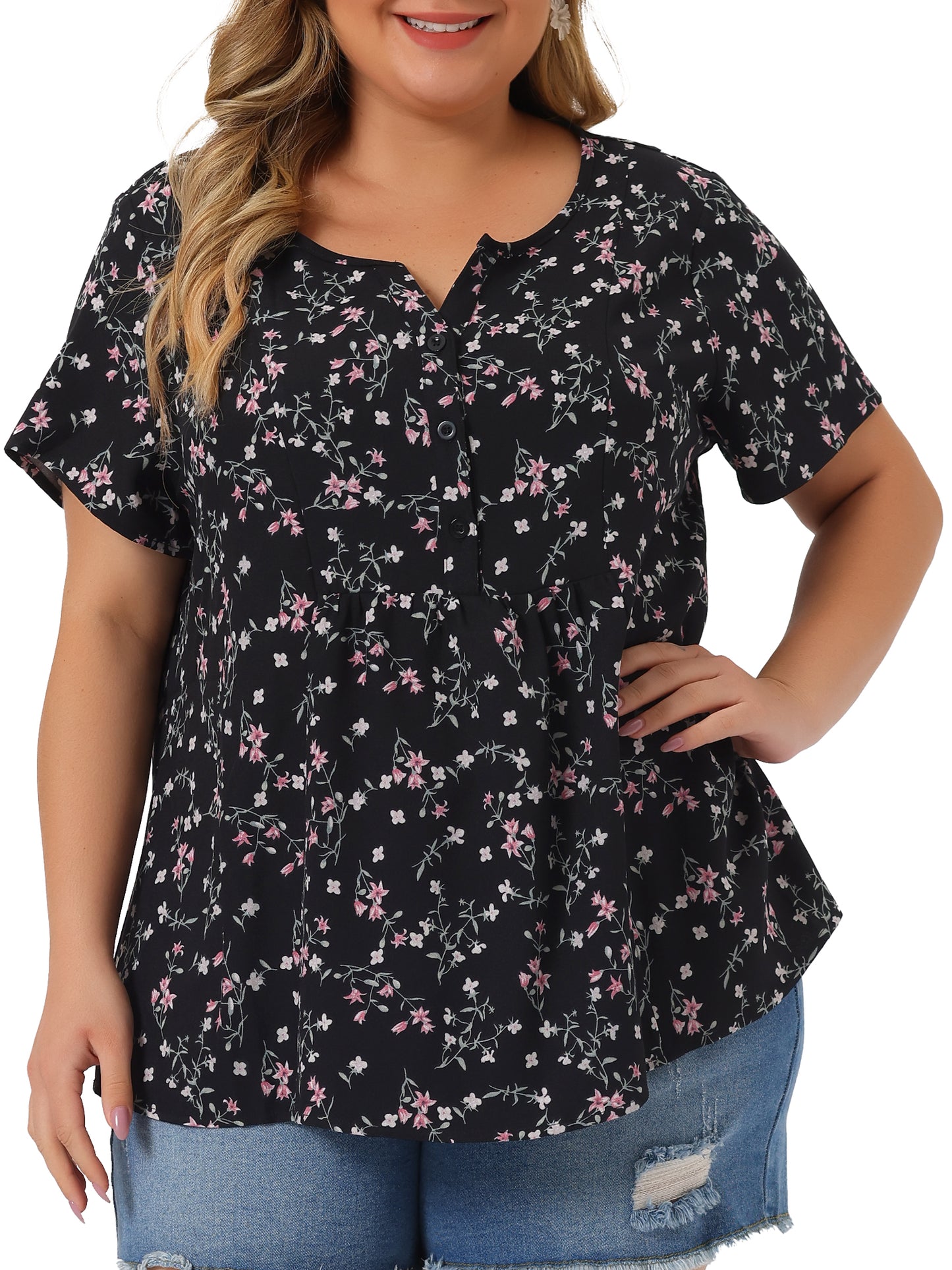 Women's Plus Size Summer Top Floral Half Placket Short Sleeve Blouse