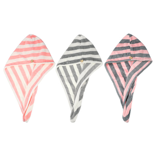 3 Pcs Stripe Hair Drying Towel Lightweight Strong Absorbent Dry Cap Pink White Gray