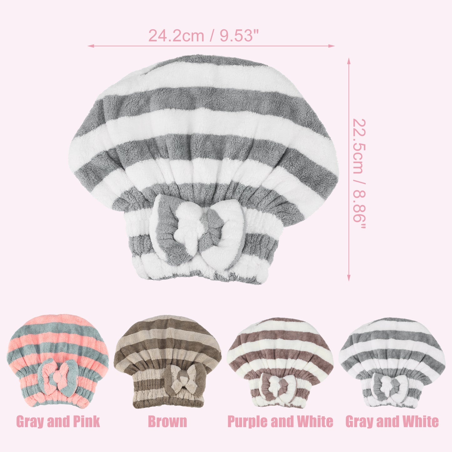 Coral Fleece Stripe Hair Drying Towel Dry Cap, Lightweight Strong Absorbent, Gray, White