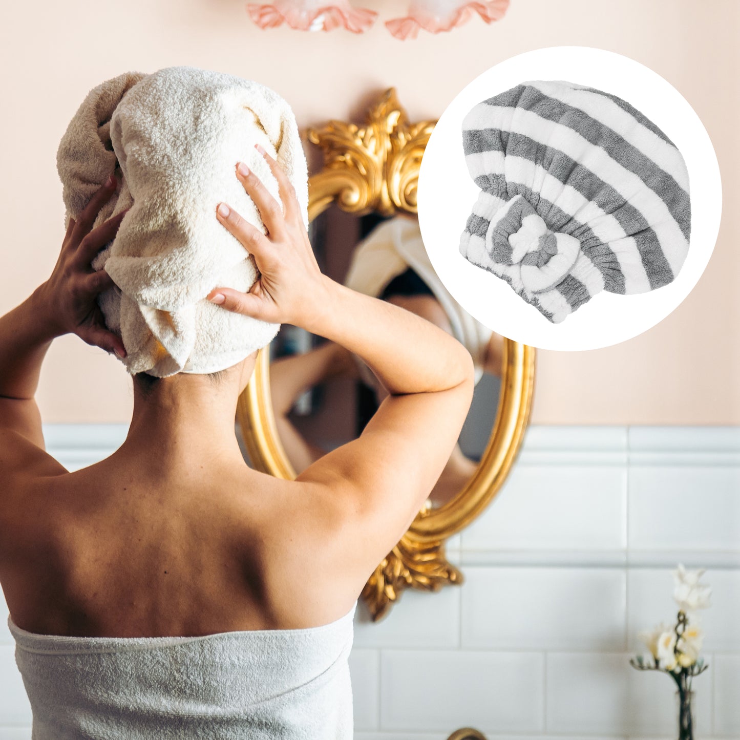 Coral Fleece Stripe Hair Drying Towel Dry Cap, Lightweight Strong Absorbent, Gray, White