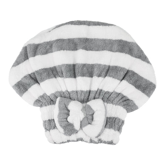 Coral Fleece Stripe Hair Drying Towel Dry Cap, Lightweight Strong Absorbent, Gray, White