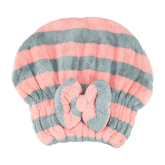 Coral Fleece Stripe Hair Drying Towel Dry Cap, Lightweight Strong Absorbent, Gray, Pink