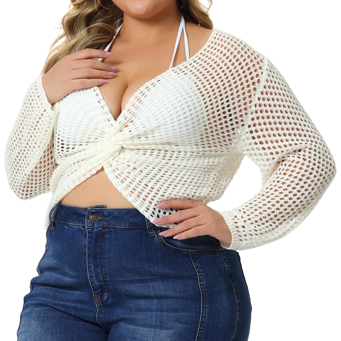Women Plus Size Mesh Crochet Crop Top Hollow Out Knit Sweater Beach See Through Cover Ups