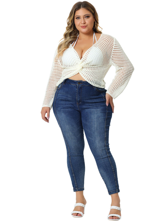 Women Plus Size Mesh Crochet Crop Top Hollow Out Knit Sweater Beach See Through Cover Ups