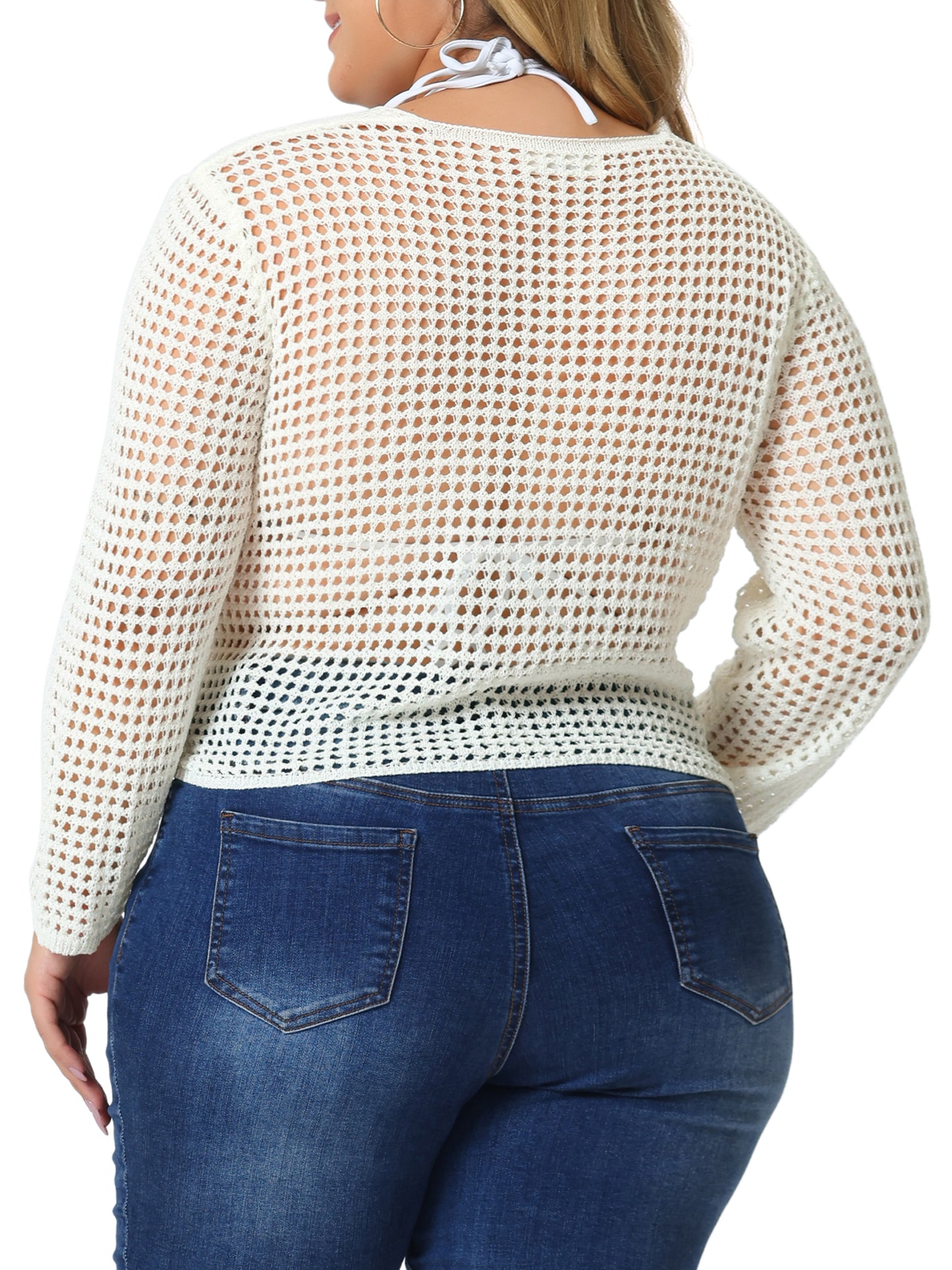 Women Plus Size Mesh Crochet Crop Top Hollow Out Knit Sweater Beach See Through Cover Ups