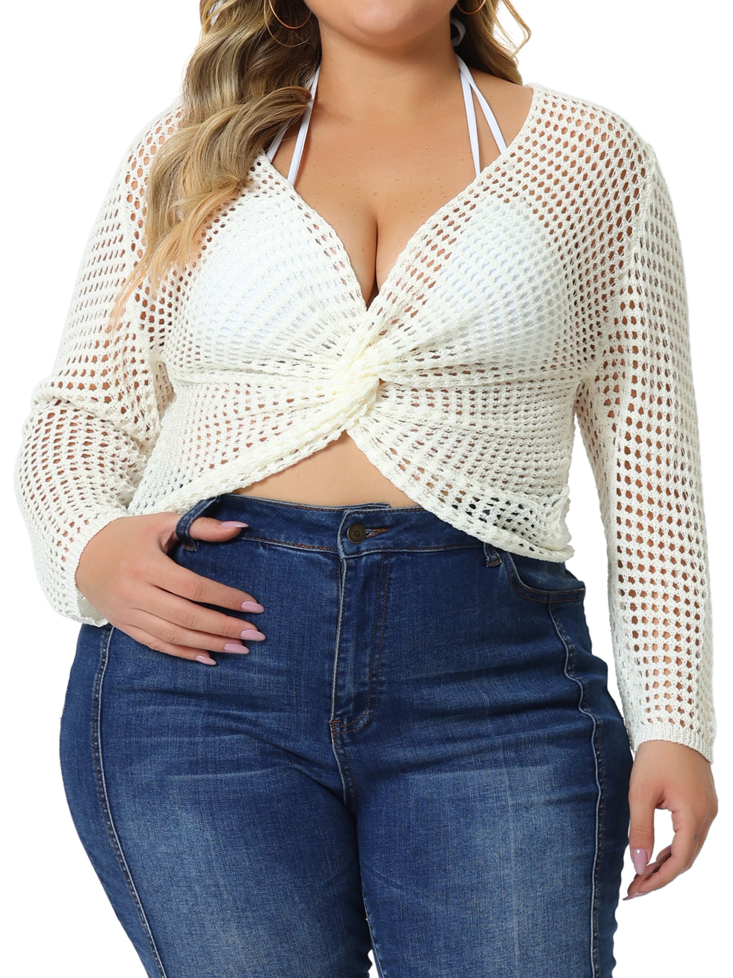 Women Plus Size Mesh Crochet Crop Top Hollow Out Knit Sweater Beach See Through Cover Ups