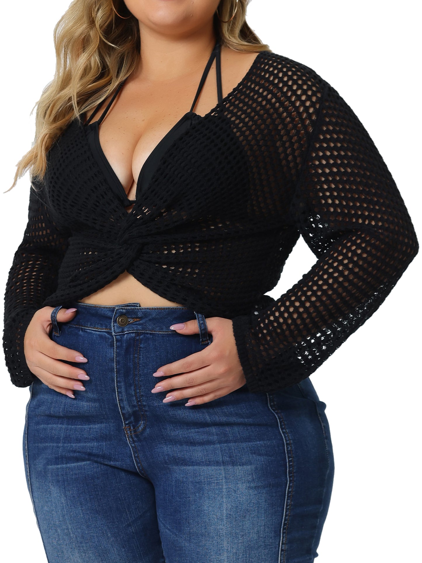 Women Plus Size Mesh Crochet Crop Top Hollow Out Knit Sweater Beach See Through Cover Ups