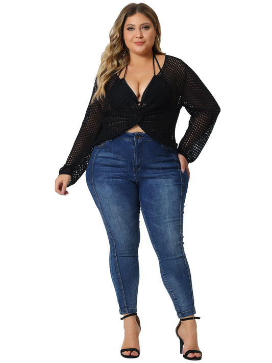 Women Plus Size Mesh Crochet Crop Top Hollow Out Knit Sweater Beach See Through Cover Ups