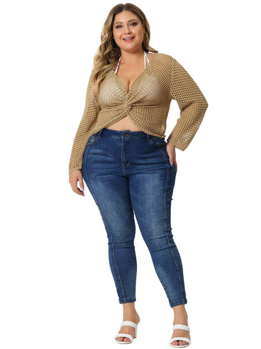 Women Plus Size Mesh Crochet Crop Top Hollow Out Knit Sweater Beach See Through Cover Ups