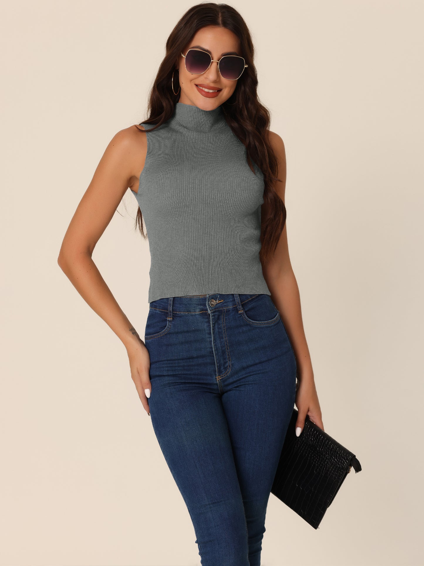 Women's Summer Mock Neck Cami Knit Vest Sleeveless Casual Pullover Tank Top