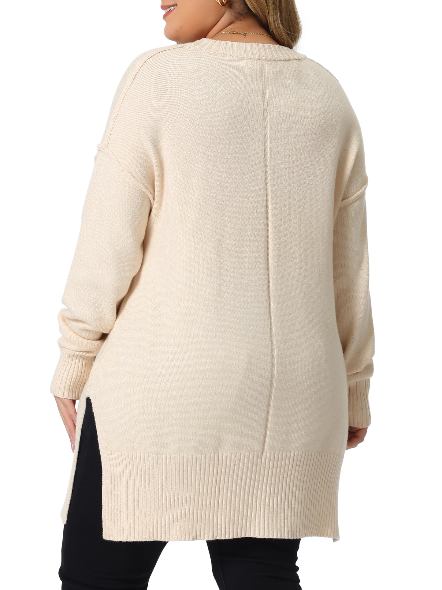 Women Plus Size Sweater Oversized Crew Neck Long Sleeve Slit hem Knit Pullover Sweater Tops