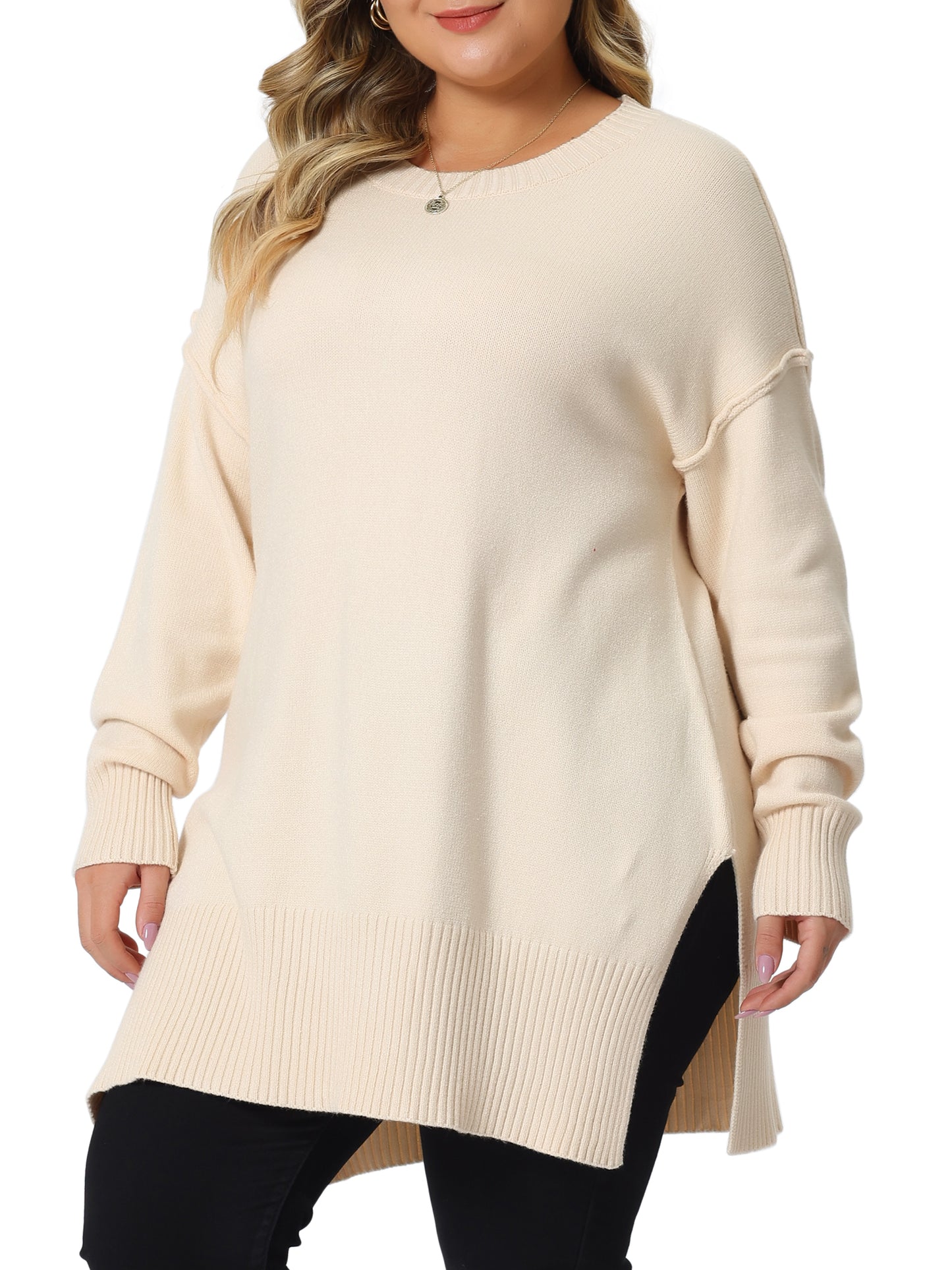 Women Plus Size Sweater Oversized Crew Neck Long Sleeve Slit hem Knit Pullover Sweater Tops