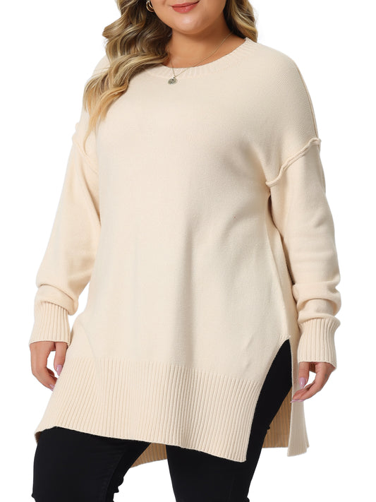 Women Plus Size Sweater Oversized Crew Neck Long Sleeve Slit hem Knit Pullover Sweater Tops