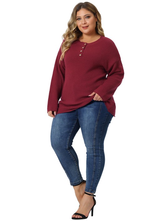 Women Plus Size Sweater Oversized Round Neck Long Sleeve Button Knit Pullover Sweater Tops