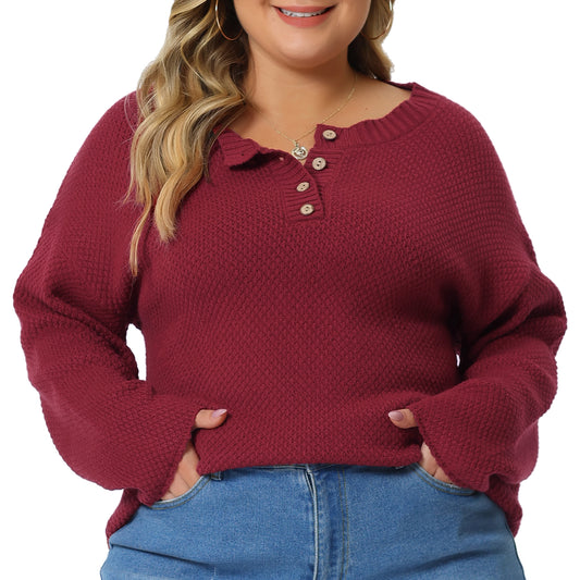 Women Plus Size Sweater Oversized Round Neck Long Sleeve Button Knit Pullover Sweater Tops