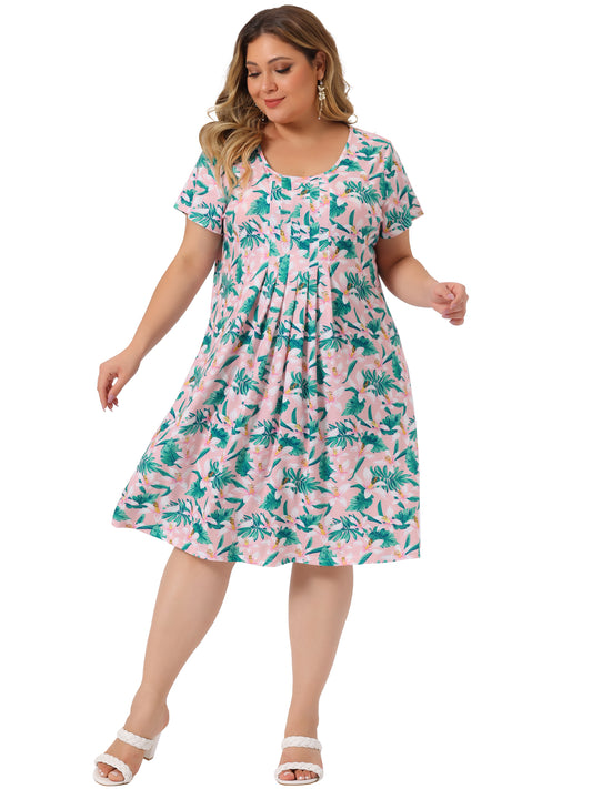 Women Plus Size Short Sleeves Pleated Summer Casual Loose Floral Dress