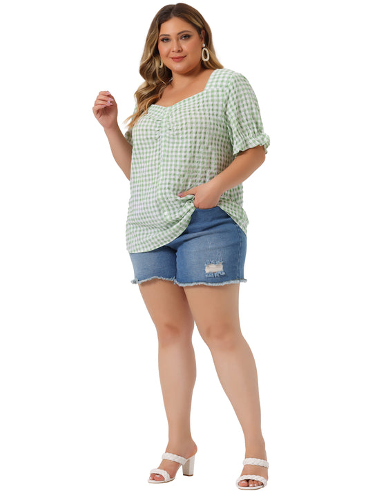 Women's Plus Size Gingham Tops Vintage Sweetheart V Neck Puff Short Sleeve Summer Blouse Top