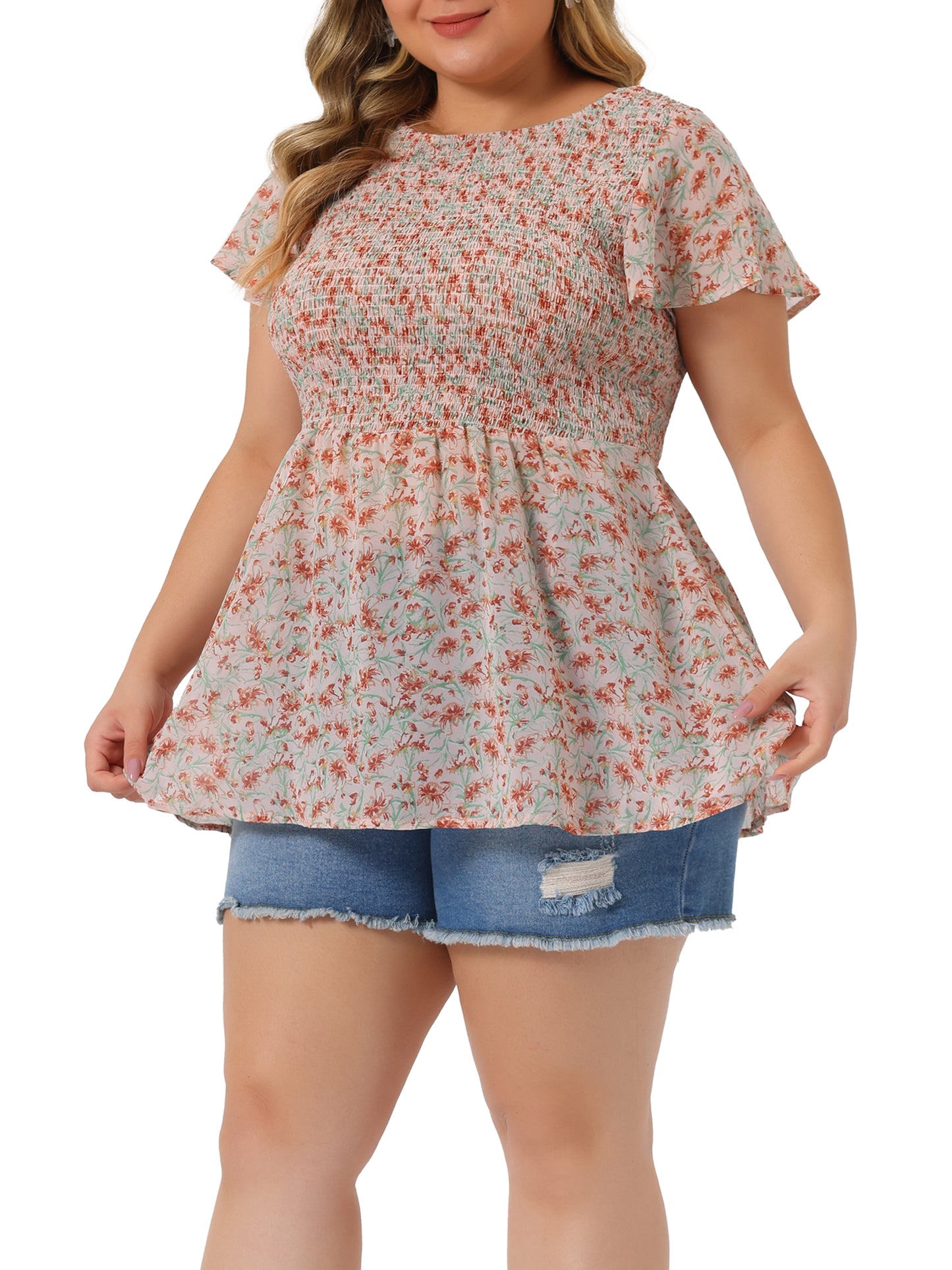 Women Plus Size Chiffon Blouse Summer Flare Short Sleeve Smocked Ditsy Floral Peplum Top