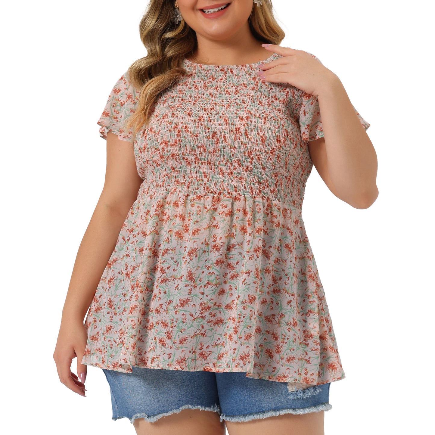 Women Plus Size Chiffon Blouse Summer Flare Short Sleeve Smocked Ditsy Floral Peplum Top