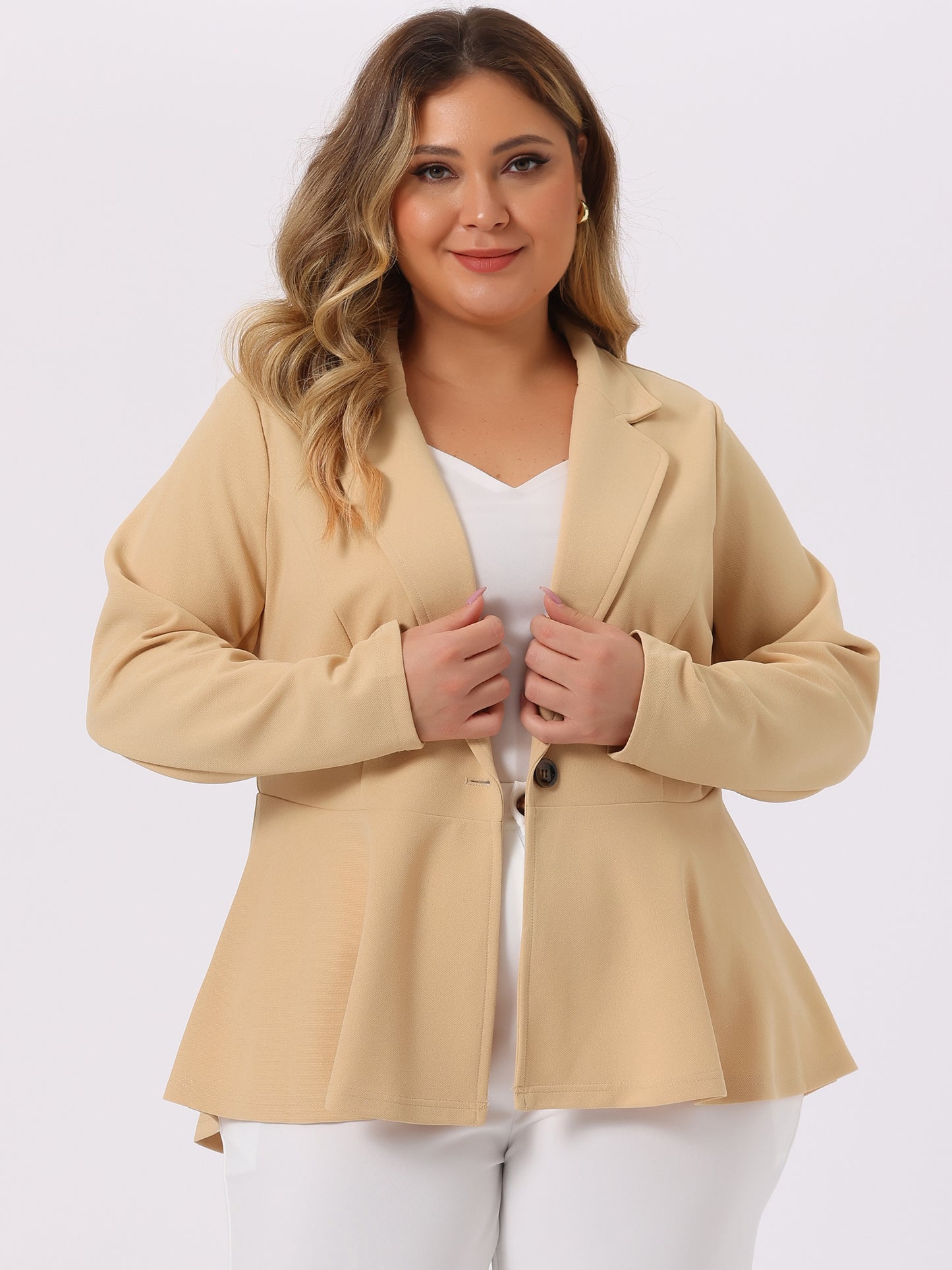 Women's Plus Size Blazer Ruffle V Neck Long Sleeve Notch Panel Button Peplum Work Office Blazers