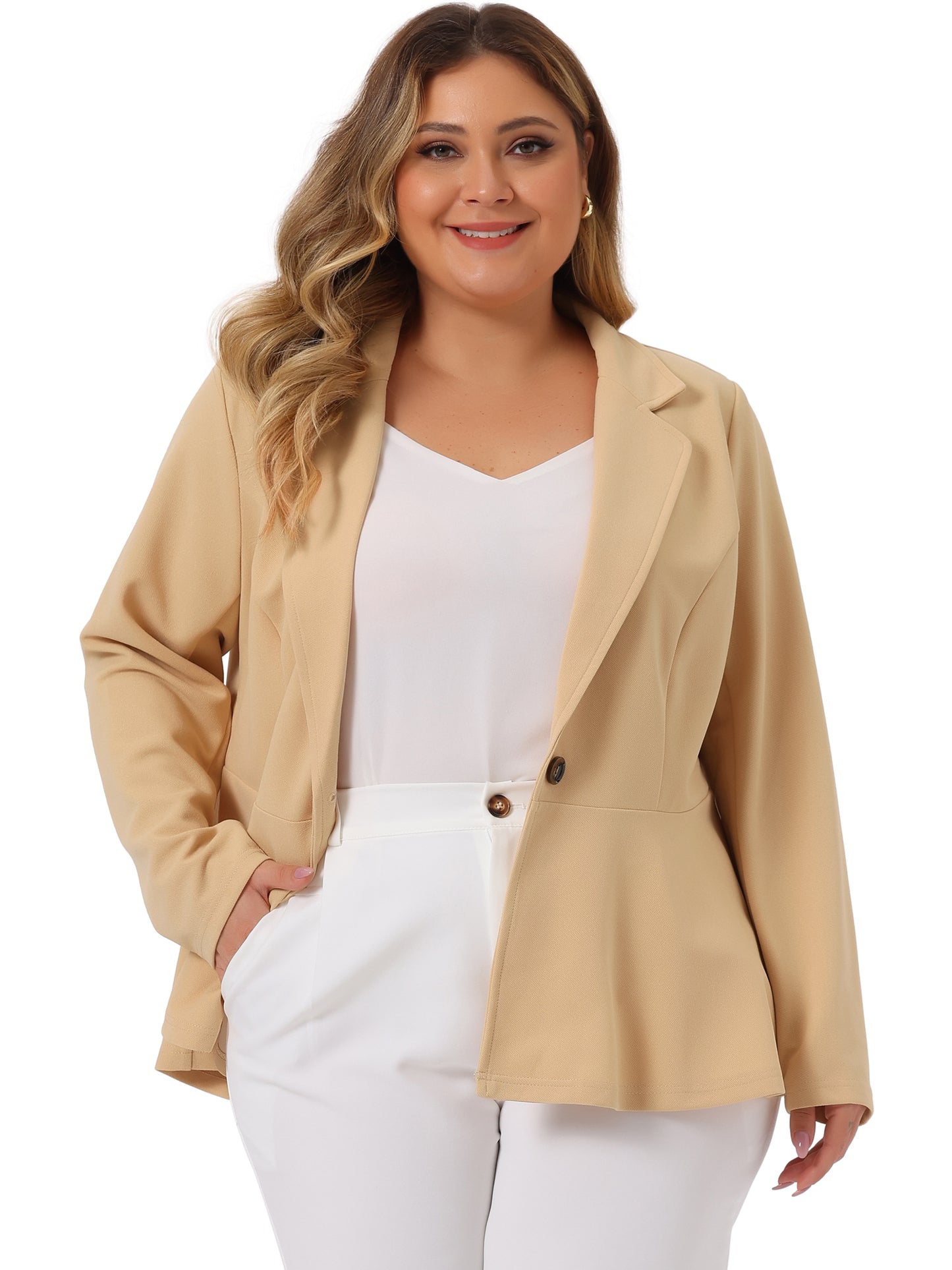 Women's Plus Size Blazer Ruffle V Neck Long Sleeve Notch Panel Button Peplum Work Office Blazers