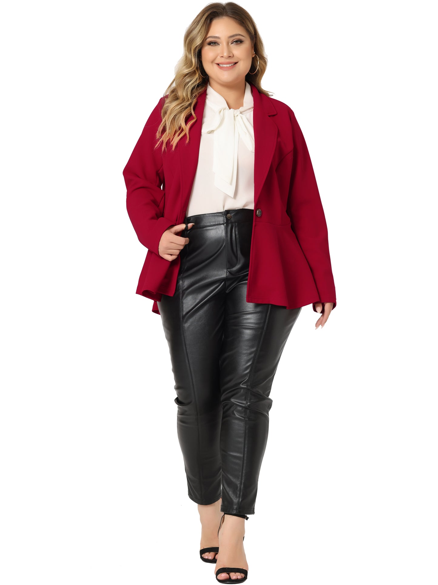 Blazer de talla grande para mujer, con volantes, cuello en V, manga larga, panel con muescas, botones, peplum, para oficina y trabajo