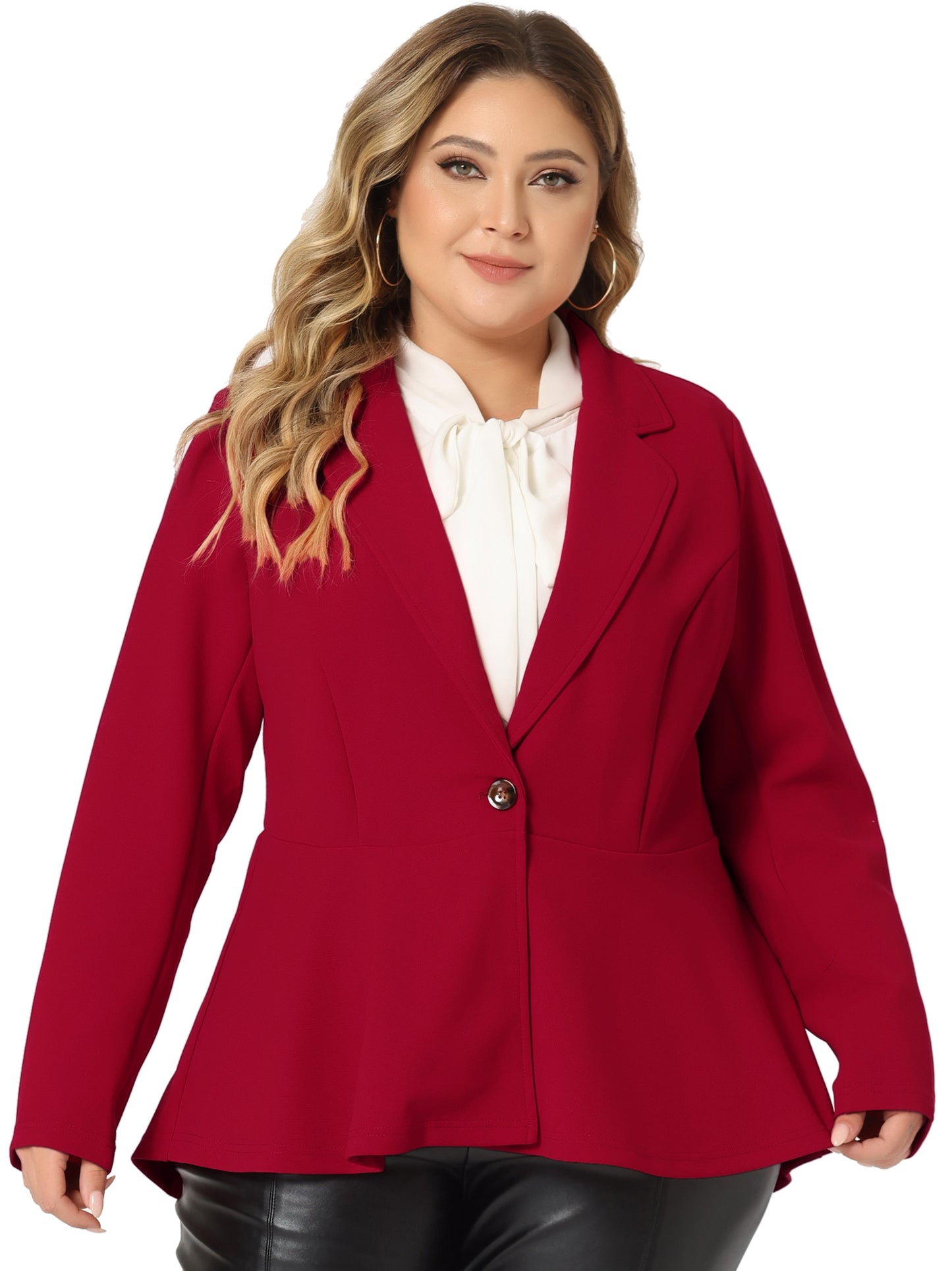 Blazer de talla grande para mujer, con volantes, cuello en V, manga larga, panel con muescas, botones, peplum, para oficina y trabajo