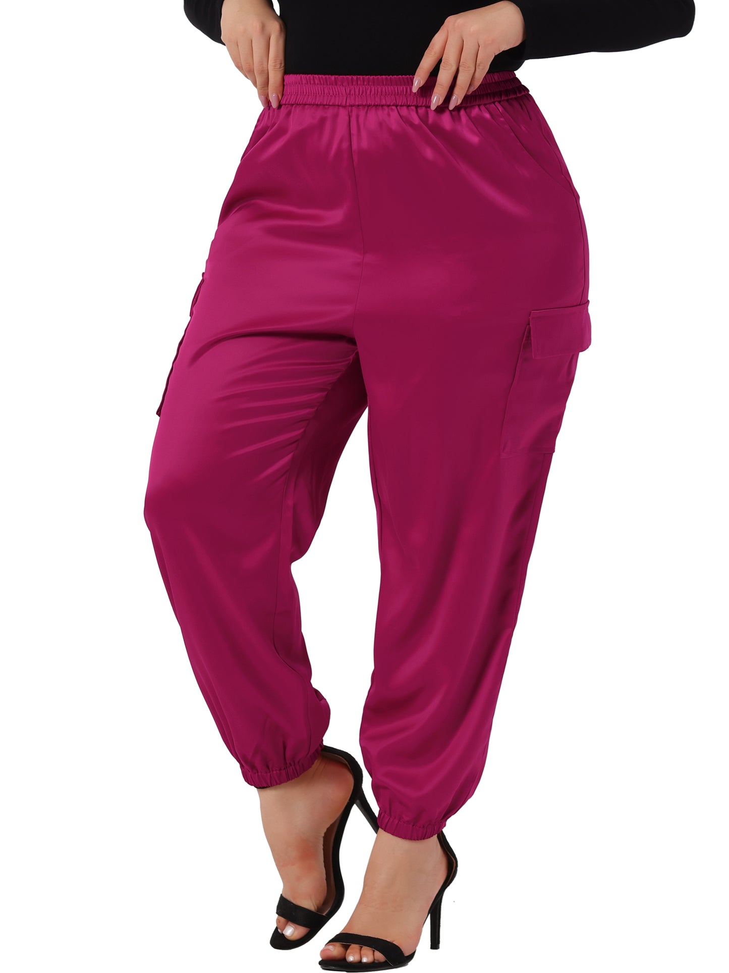 Women Plus Size Satin Joggers Elastic Waist Athleisure Ankle Length Cargo Pants with Pocket