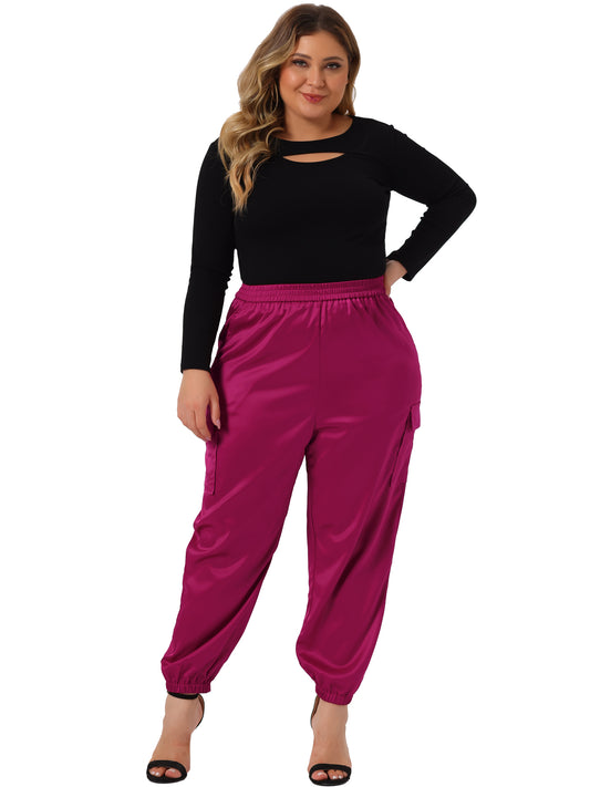 Women Plus Size Satin Joggers Elastic Waist Athleisure Ankle Length Cargo Pants with Pocket