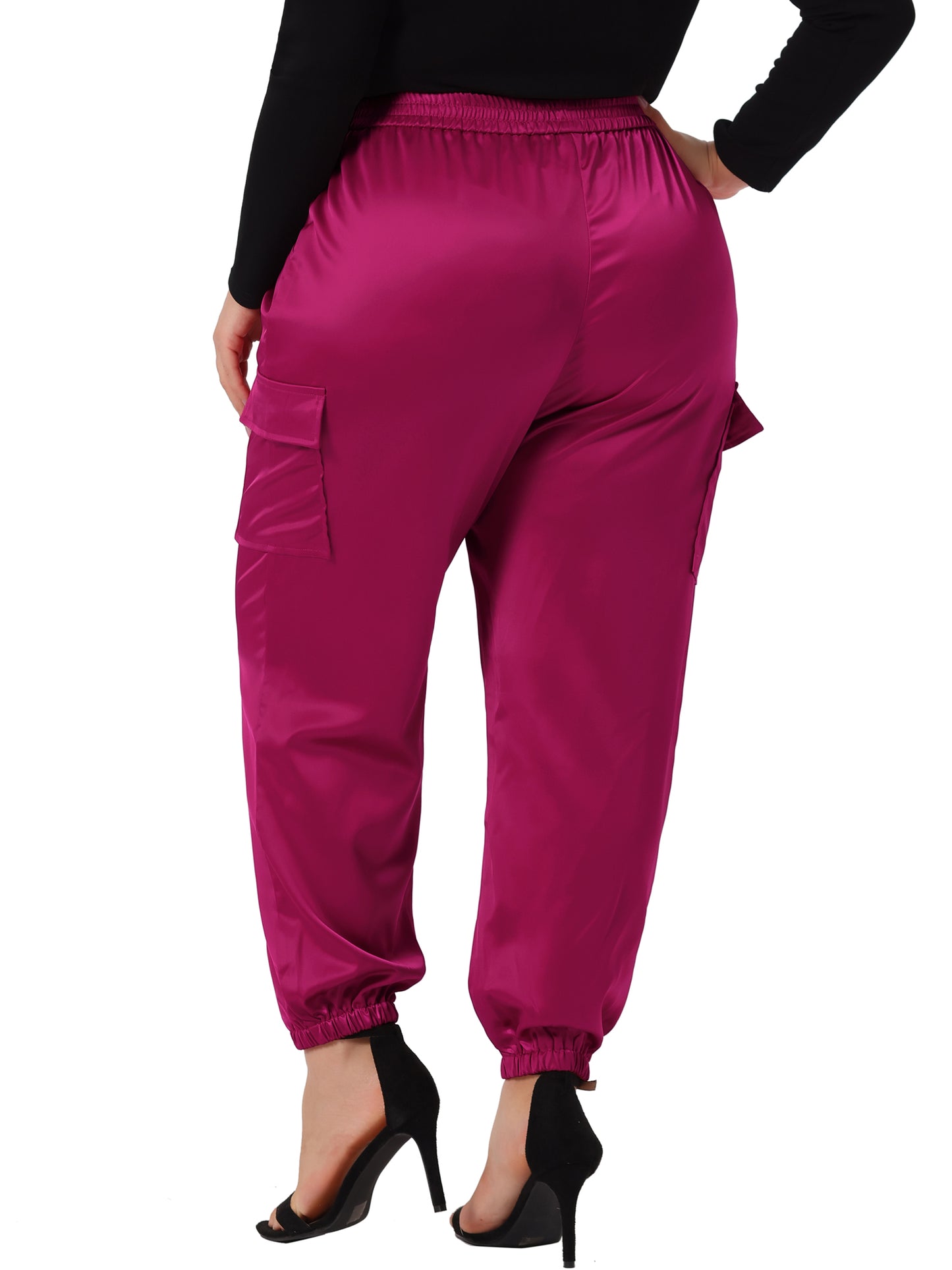 Women Plus Size Satin Joggers Elastic Waist Athleisure Ankle Length Cargo Pants with Pocket