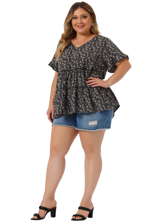 Women's Plus Size Blouse Summer Tops V Neck Short Sleeve Boho Floral Babydolls Blouse
