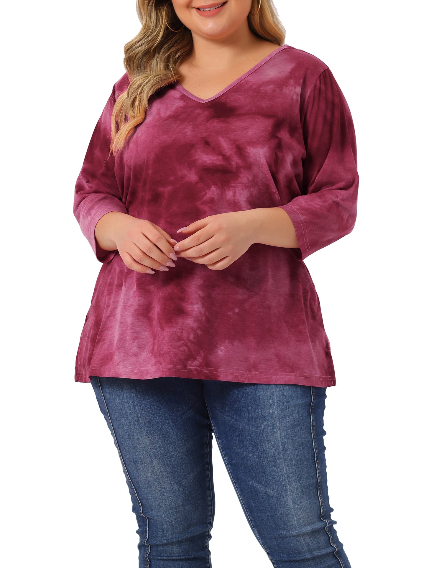 Women Plus Size T Shirt V Neck 3/4 Sleeve Loose Casual Blouse Striped Tie Dye Print