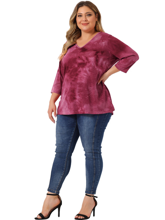 Women Plus Size T Shirt V Neck 3/4 Sleeve Loose Casual Blouse Striped Tie Dye Print