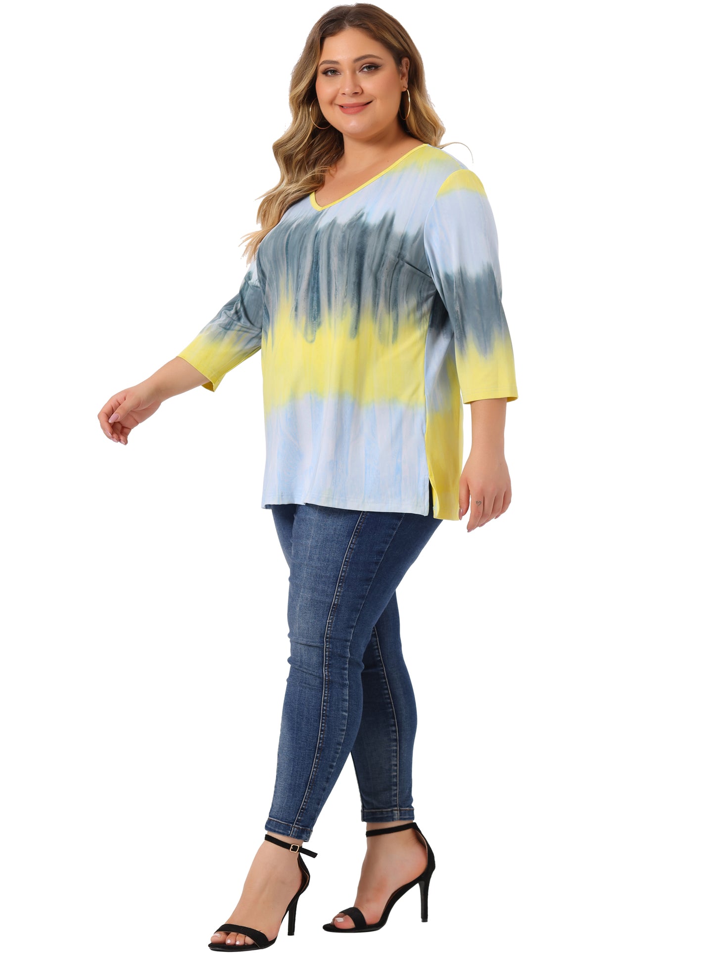 Women Plus Size T Shirt V Neck 3/4 Sleeve Loose Casual Blouse Striped Tie Dye Print