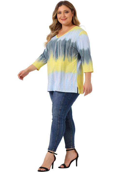 Women Plus Size T Shirt V Neck 3/4 Sleeve Loose Casual Blouse Striped Tie Dye Print