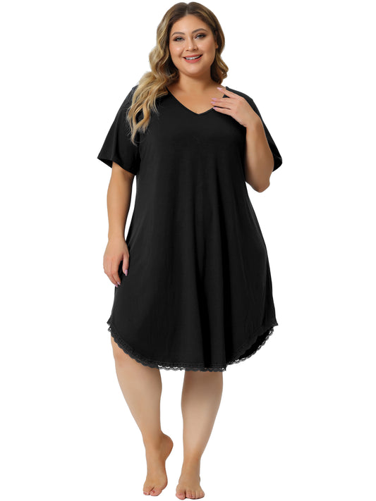 Women Plus Size Nightgowns Short Sleeve Sleepshirts V Neck Pajama Dress