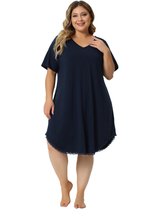 Women Plus Size Nightgowns Short Sleeve Sleepshirts V Neck Pajama Dress