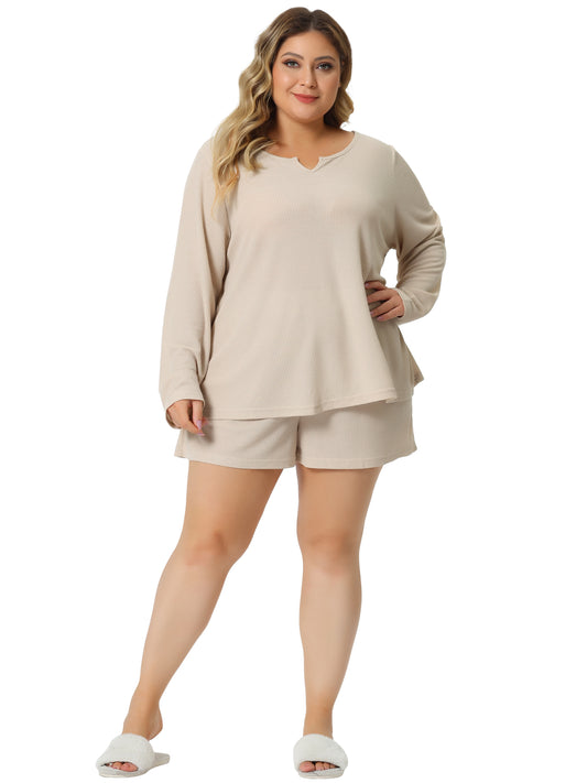 Women Plus Size Loungewear Waffle 2 Piece Long Sleeved Tops and Shorts Pajama Sweatsuits Set