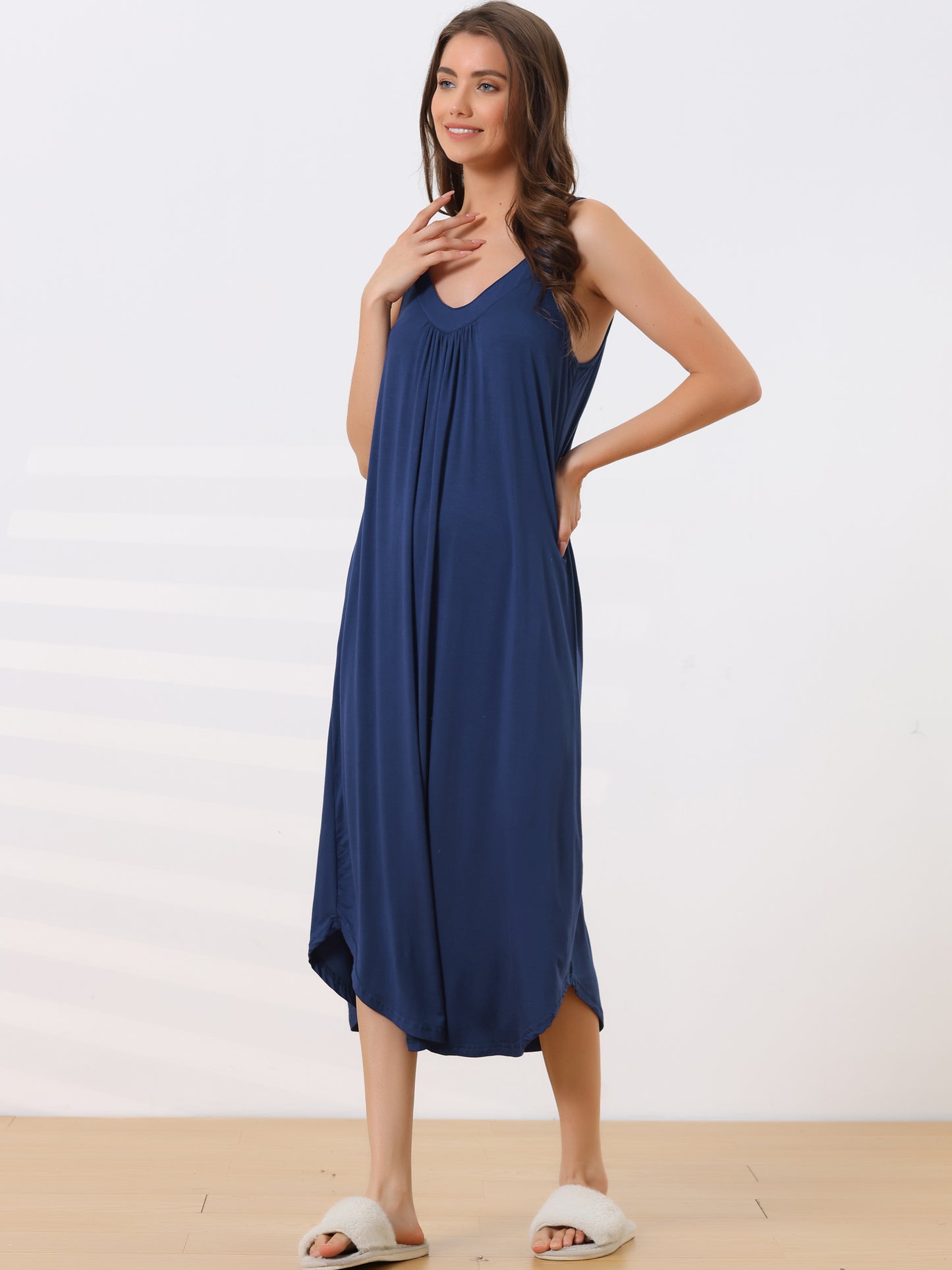 cheibear Pajama V Neck Nightdress Stretchy Lounge Cami Dress Navy Blue