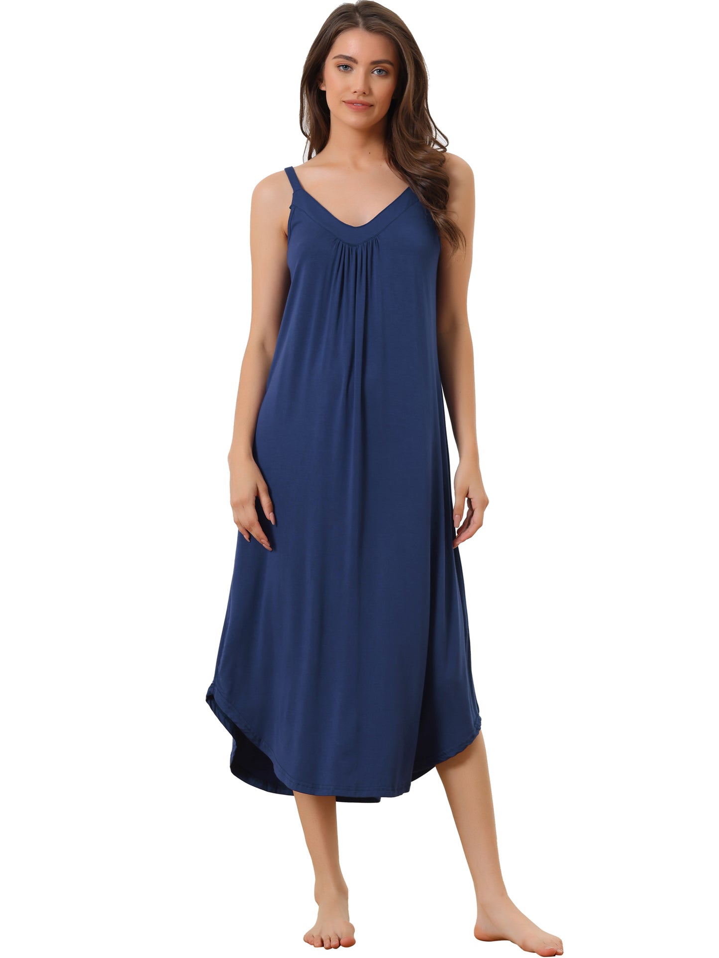 cheibear Pajama V Neck Nightdress Stretchy Lounge Cami Dress Navy Blue