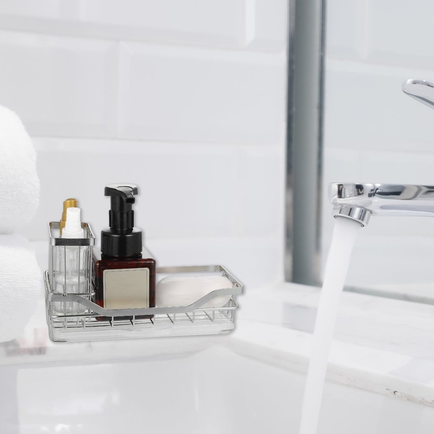 Stainless Steel Sink Caddy Organizer Brush Holder for Bathroom 8.31"x3.58"x2.36" Silver Tone
