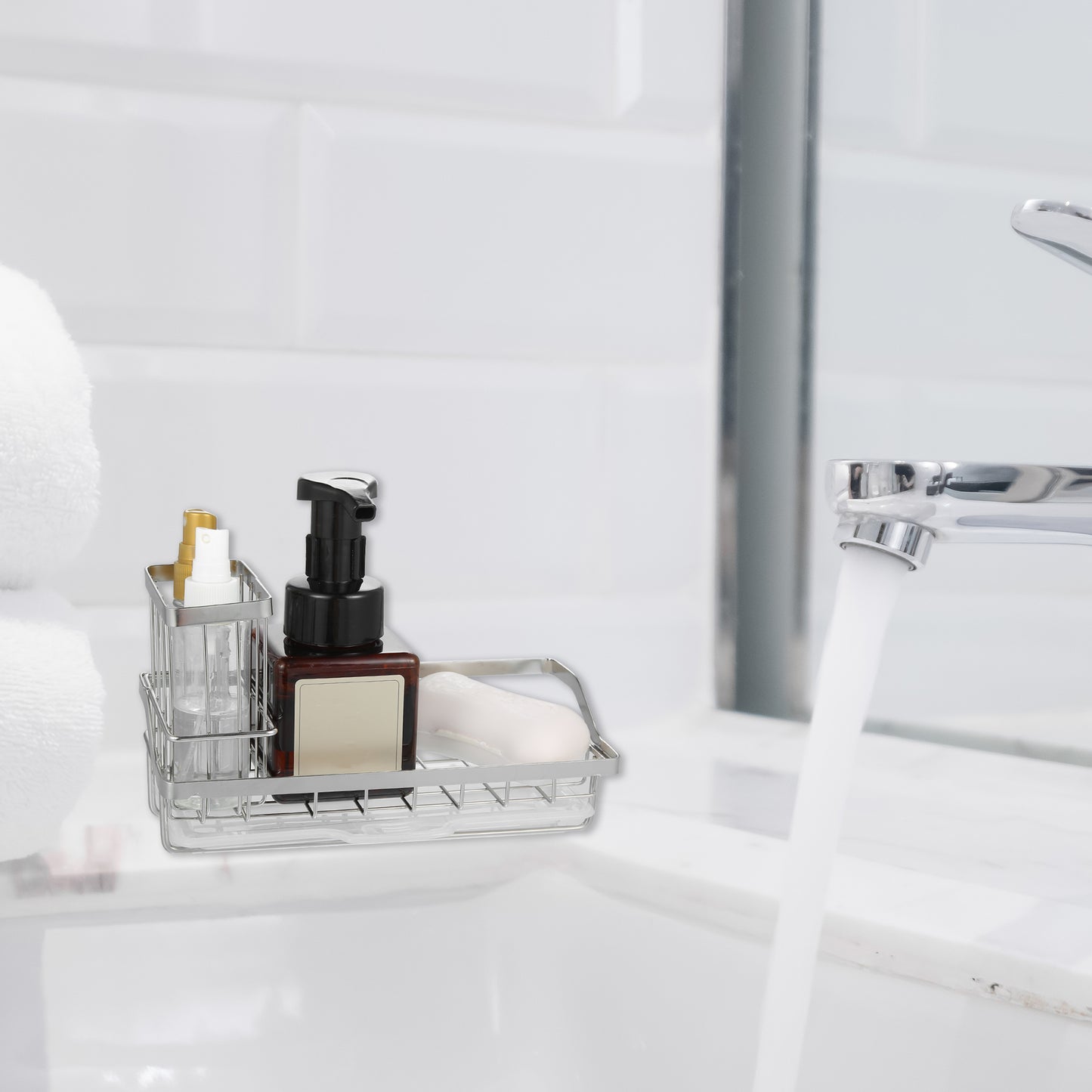 Organizador de fregadero de acero inoxidable con soporte para cepillos de baño, 21,8 x 8,9 x 6,4 cm, tono plateado