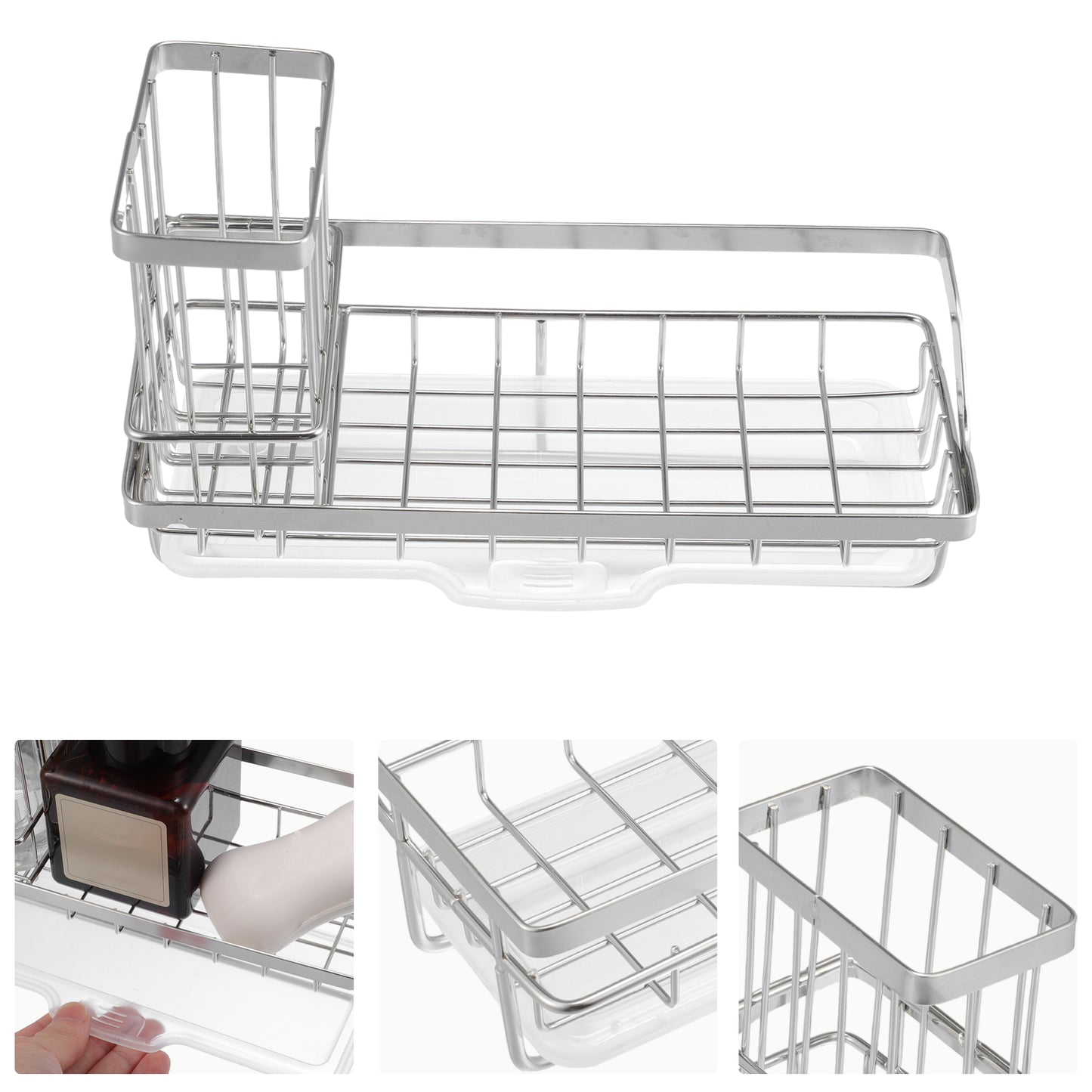 Organizador de fregadero de acero inoxidable con soporte para cepillos de baño, 21,8 x 8,9 x 6,4 cm, tono plateado